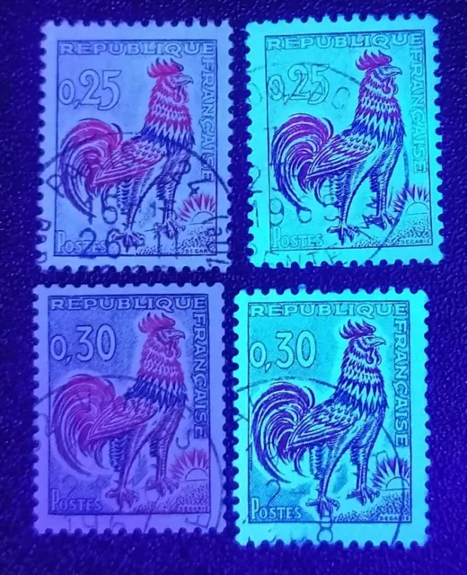 FRANCE - 4 timbres oblitérés "Coq de Decaris"  de 1962 - 2 fluorescents