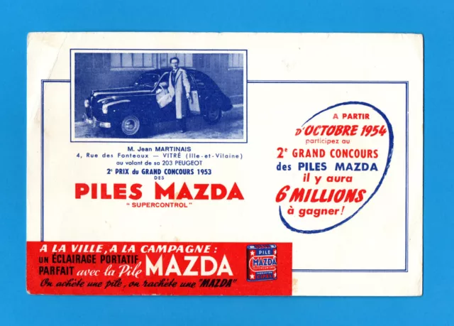 Buvard  * Piles Mazda *  1954 * Concours  * 203 Peugeot *