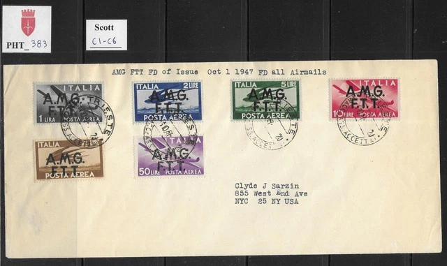 PHT_383. TRIESTE FTT. Long 1947 FDC w. DEMOCRATICA air mail set. Scott C1-C6.