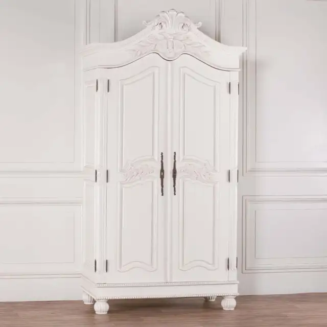 French Chateau Style Mahogany Wood Carved Double Armoire in White Colour