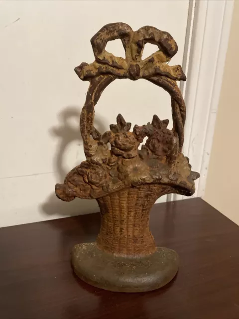 ANTIQUE HUBLEY CAST IRON DOOR STOP FLOWERS Basket  WITH Bow