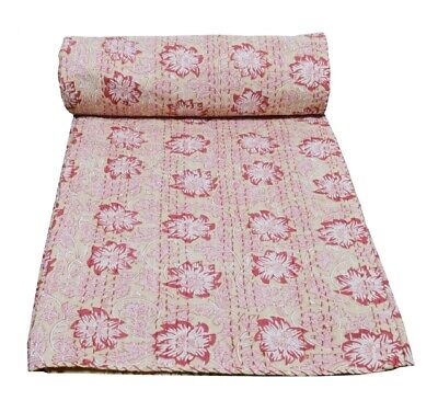 Handmade Floral Print Kantha Quilt Reversible Bedspread Queen Cotton Coverlet