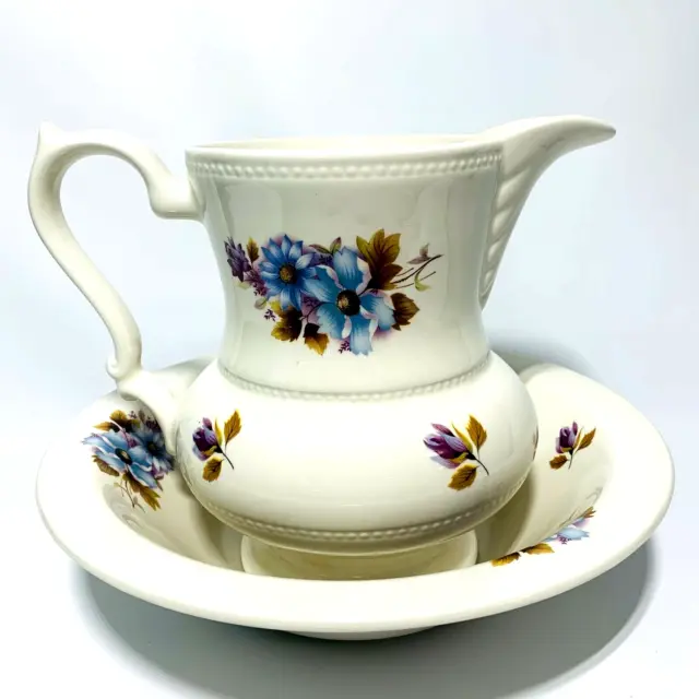 FLORAL WASH BASIN PITCHER BOWL Porcelain Lord Nelson Blue Hand-Crafted England