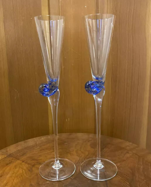 ELEGANT Crystal Champagne Flutes (2) Cobalt Blue Snail Escargot MURANO Art Glass