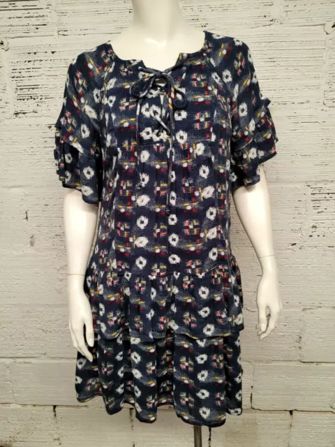Caslon Women's Petite Size XS Dark Blue Floral Laced Up Front Ruffled Dress
