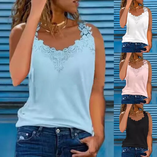 Womens V-Neck Lace Sleeveless Tank Vest Tops Ladies Summer Casual T-Shirt Tee US