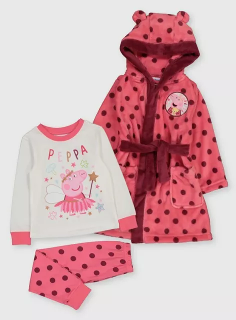 Kids Girls Peppa Pig Pyjamas and Dressing Gown 3-piece Set Size 1.5-4 years Pink