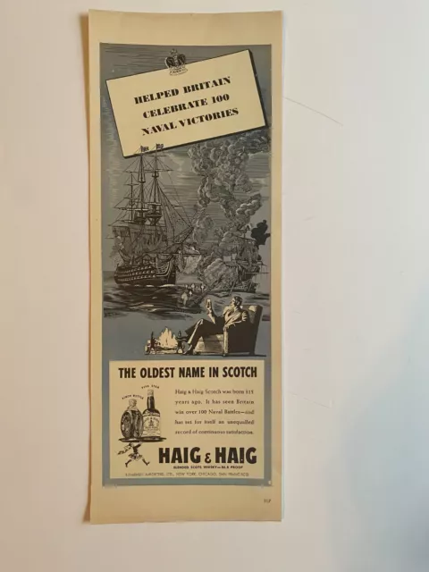 1942 Haig & Haig Blended Scotch Whiskey Naval Victories Vintage Print Ad 5"x14"