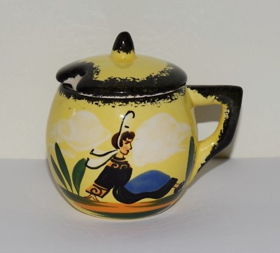 Ancien pot a moutarde en faïence BREIZ SF FRANCE PIERRICK décor de Bretonne 