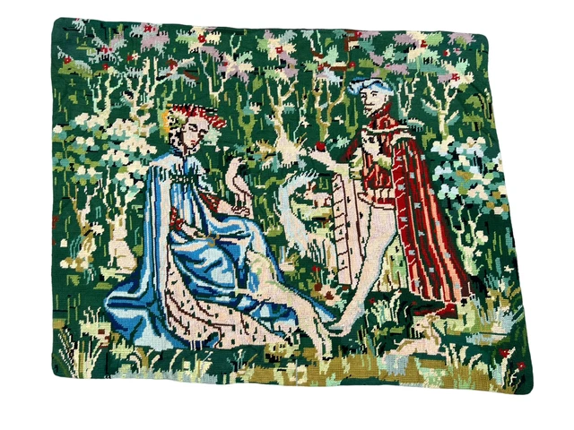 Vintage French Aubusson Pictorial Jungle Wall Hanging Needle Point Wool Tapestry