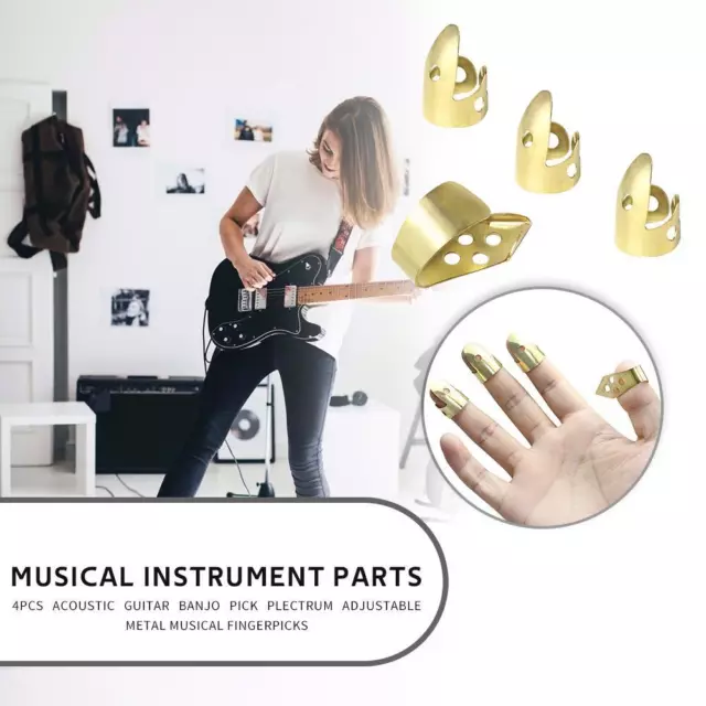 Adjustable 3 Finger Picks + 1 Thumb Pick Acoustic Guitar Banjo Pick (Gold)