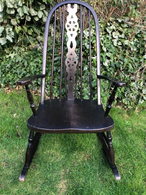 Vintage Oak Dark Stain High Wheelback Farmhouse Rocking Chair