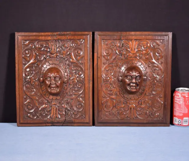 *Pair of Antique French Carved Architectural Panels in Solid Walnut Wood w/Faces 2
