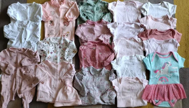Baby Girls NEWBORN Bundle 10 Sleepsuits, 10 Vests & Hat Excellent Condition