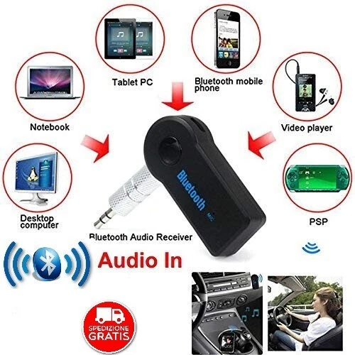 Adattatore Bluetooth 3.0+EDR Jack 3.5mm Per Auto – Ricevitore AUX, Batteria Integrata 5 Ore, Cavo USB Incluso