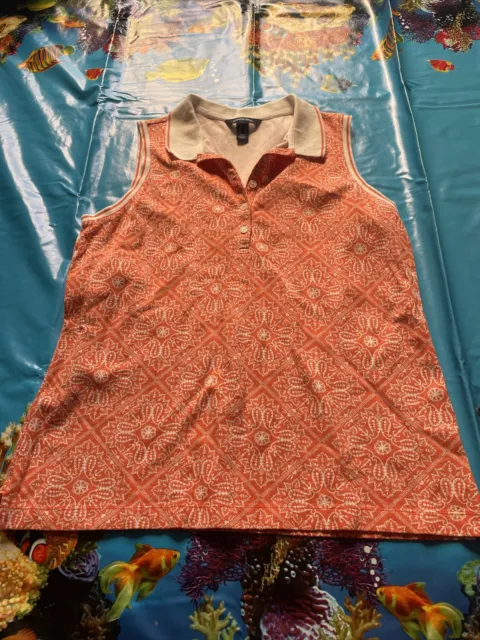 Womens Lands’ End Size Medium Orange Paisley Sleeveless Crew Neck Polo Shirt Top