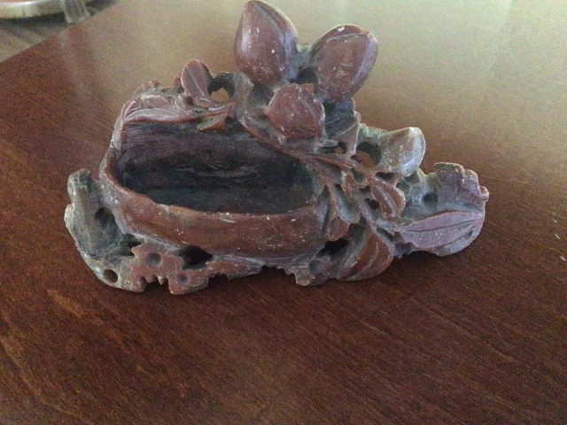 Vintage Carved Chinese Soap Stone Inkwell 5” long 31/4 Tall