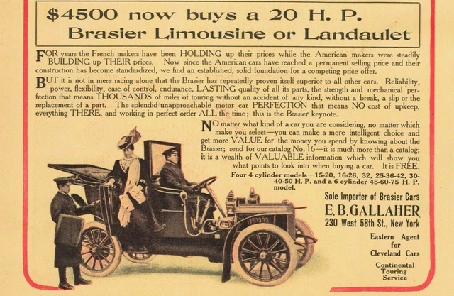 Circa 1907 Brasier Limousine E.B. Gallaher New York Original Print Ad 2V1-32