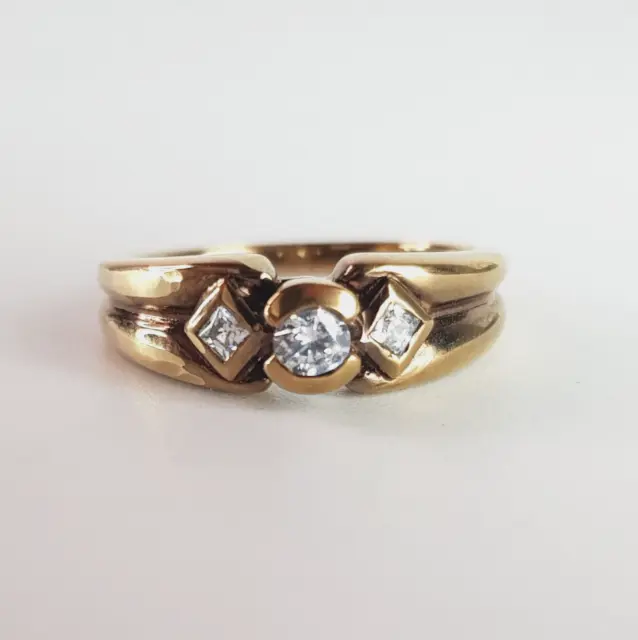 Vintage Mid Century 3 Stone Diamond Ring 9ct Rose Gold Round Princess Cut Solid