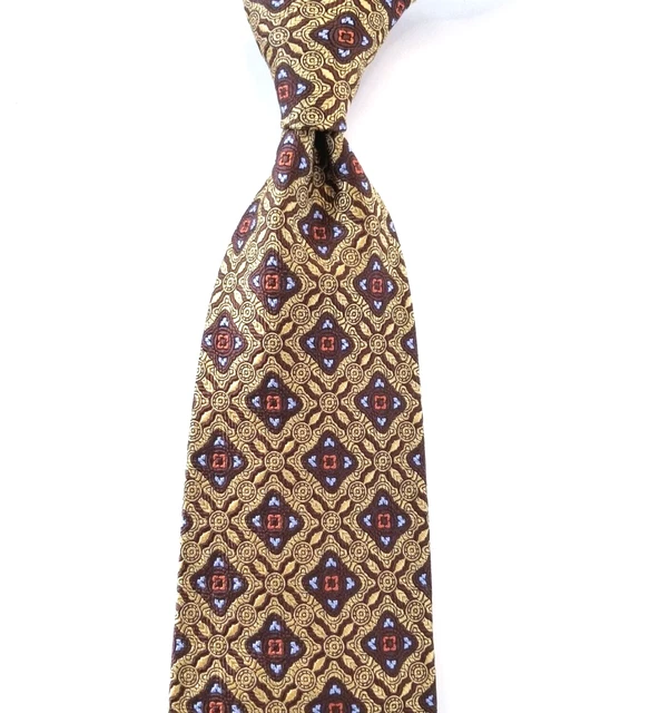 JoS.A.Bank Gorgeous Gold, Brown & Blue Medallion 100% Silk Tie 3 3/4" x 60"