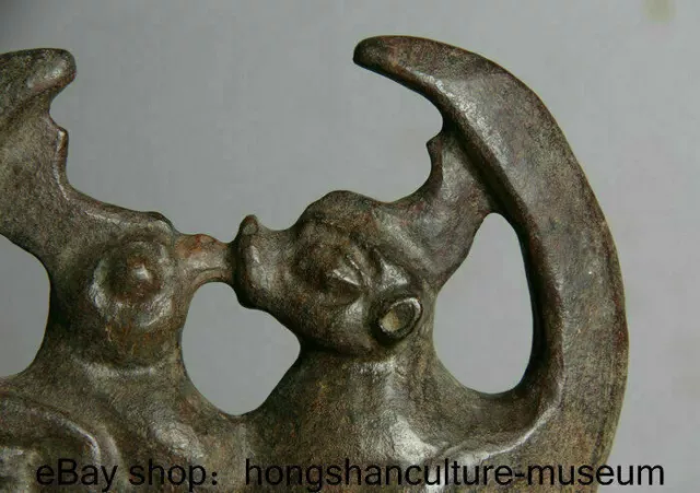 8" neolith Hongshan Culture Old Jade Stone Carved 2 Eagle Birds Sun God Statue 3