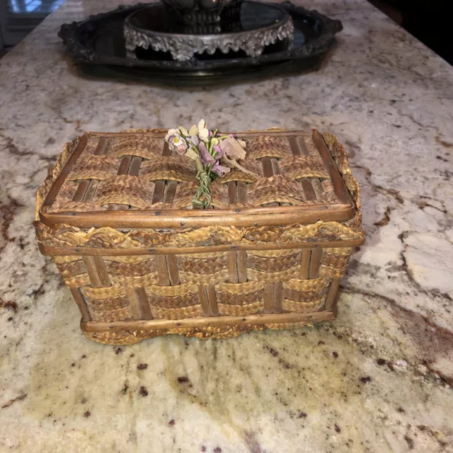 Antique Victorian Wicker Sewing Box with Tufted Inner Lid