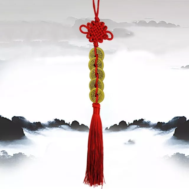 Chinesischer Knoten Hängendes Dekor Kupfermünze Messing + Baumwollseil Rot