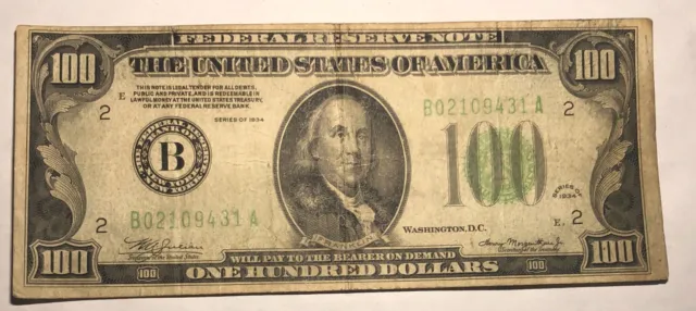 1934 green seal $100 bill. Federal Reserve Note B New York. F-VF.  FR-2152B  #2