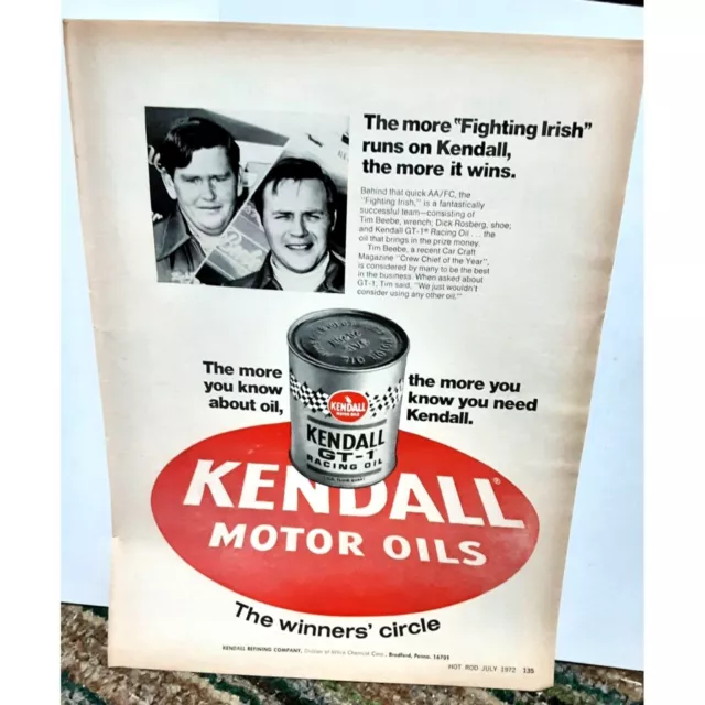 Vintage 1972 Kendall GT Motor Oil Ad Original epherma