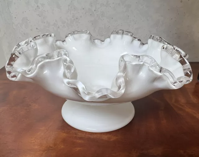 Vintage Fenton Glass Silver Crest Ruffled Pedestal Dish Bowl 8 1/4”