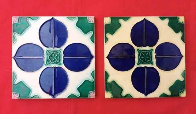 2 Piece Old Art Deco Floral Design Embossed Majolica Ceramic Tiles Japan 0110