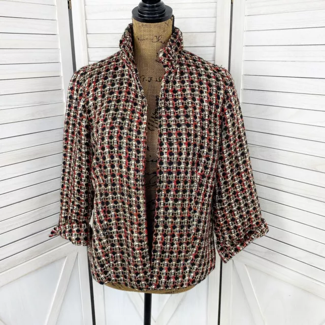 Chicos Tweed Blazer Women Medium Red Black Metallic High Neck Open Front Ruched