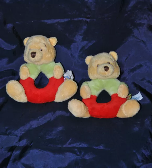 Lot 2 Peluche Doudou Winnie Ourson DISNEY BABY NICOTOY Vert Rouge Hochet TTBE