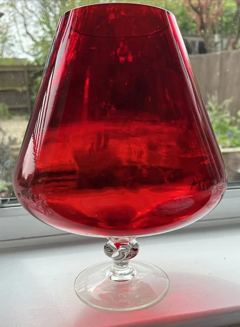 Ruby Red Glass Large Bowl Vase -Clear Glass Pedestal Foot -28cm High