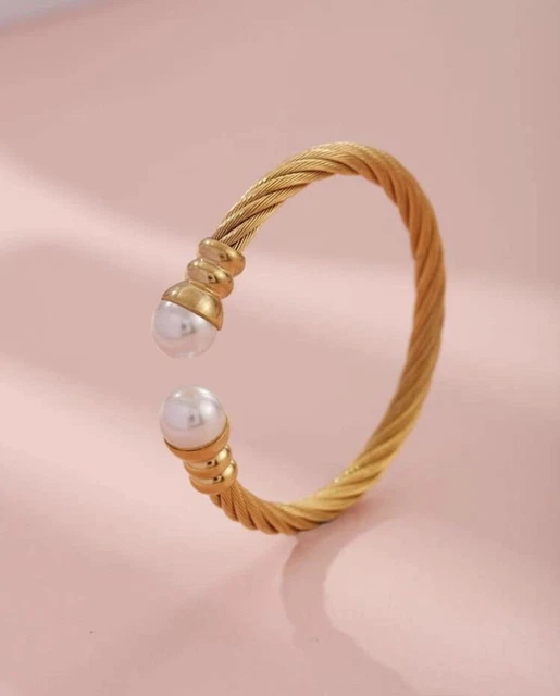 Bracelet Jonc En Acier Inoxydable Avec Perles Blanches - Bijou Femme, Titane, Neuf Sans Emballage