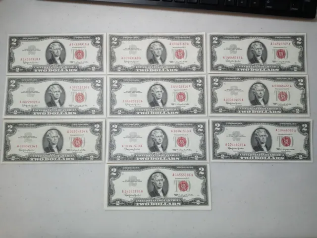 TEN 1963 $2 Two Dollar Red Seal United States Notes Bills - All AA Block