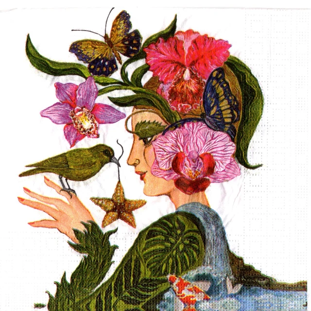 Serviettes en papier femme aux fleurs&oiseau La Flora. Napkins flower lady&bird