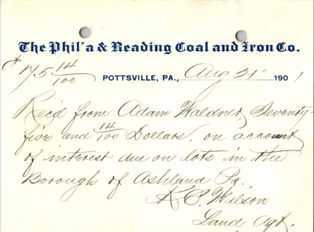 The Phila & Reading Coal & Iron Co Pottsville PA 1901 Hand Written Billhead