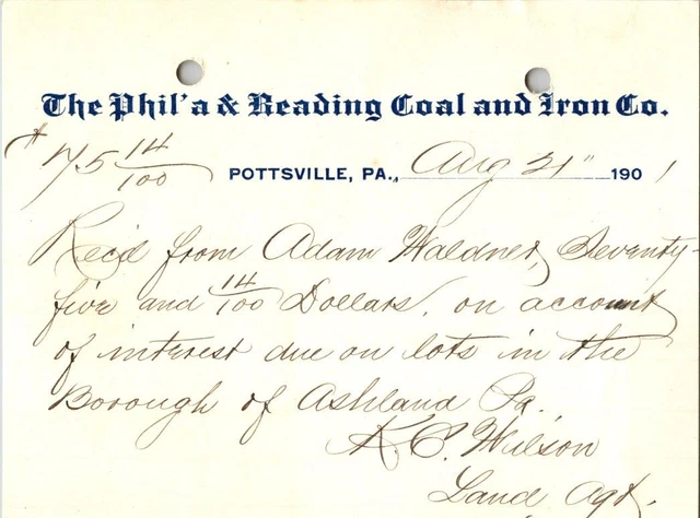 The Phila & Reading Coal & Iron Co Pottsville PA 1901 Hand Written Billhead