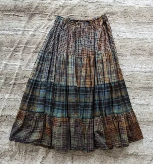 Vintage Green Blue Plaid Tartan Patchwork Tiered Boho Midi Maxi Skirt Sz S/M