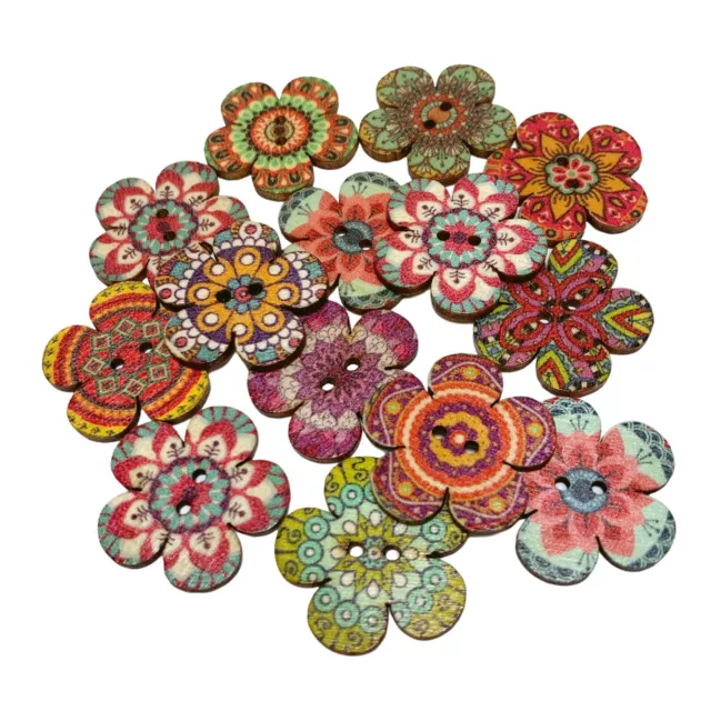 30 25mm Wooden Rustic Flower Buttons Art Craft Sew **Buy any 3 get 3 FREE**