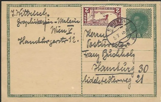 Österreich 1918, GZS Karte + ZuF Wien- Hamburg