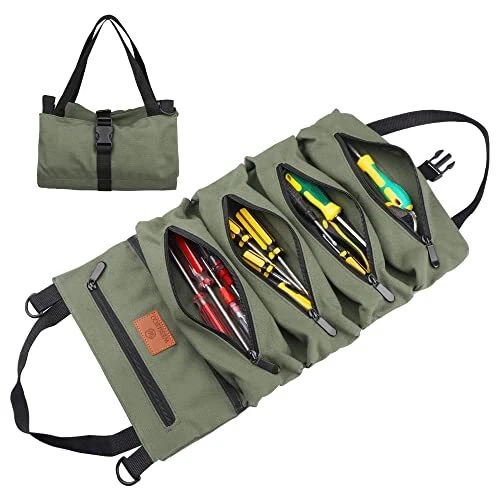 Wessleco Tool Roll Up Pouch, Tool Roll, 16OZ Canvas 5 Zipper Pockets Green