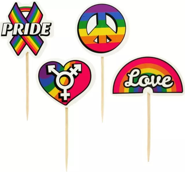 24 Rainbow Pride Party Cupcake Toothpick Toppers Peace Love LGBTQ Birthday Celeb