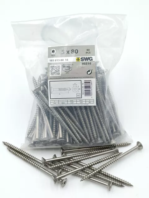 Spanplattenschrauben  Edelstahl A2 Torx Holzschrauben 5x80mm 80 Stück mit Bit !