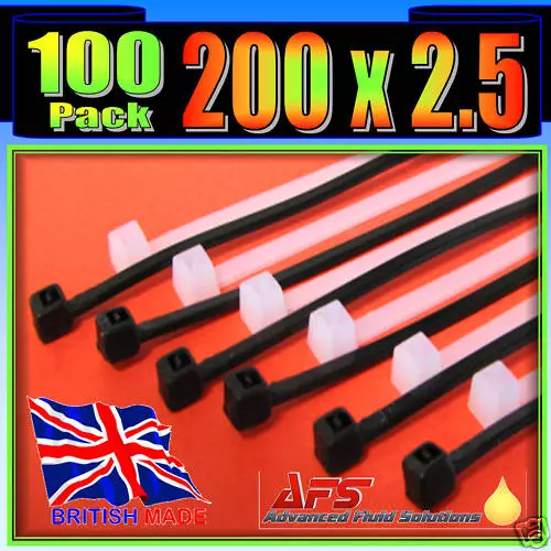 200mm x 2.5mm Black Nylon Cable Ties 100 Tie Zip Wraps