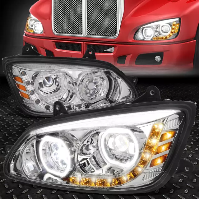 For 08-19 Kenworth T370 T660 T700 Dual Halo Drl Led Projector Headlights Chrome