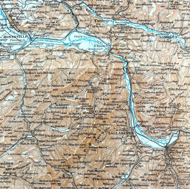 Map Sallanches Bonneville Southern France Rare 1914 Lithograph WW1 Era WHBS