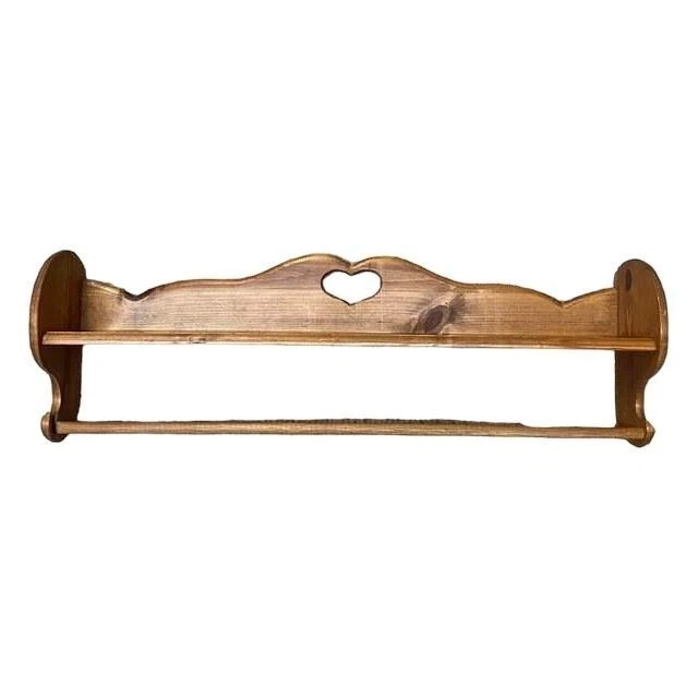 Vintage Wood Bathroom Towel Holder Rack Wall Shelf Heart Cut Out Farmhouse Decor