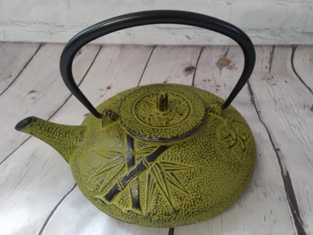 Green Japanese Tetsubin Tea Kettle Pot Cast Iron 7 “ Wide Bamboo Flowers Marked